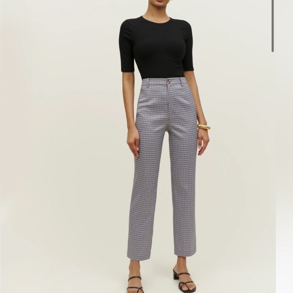 Reformation Franklin Pant Light Blue Check Plaid Print NWT Size 6